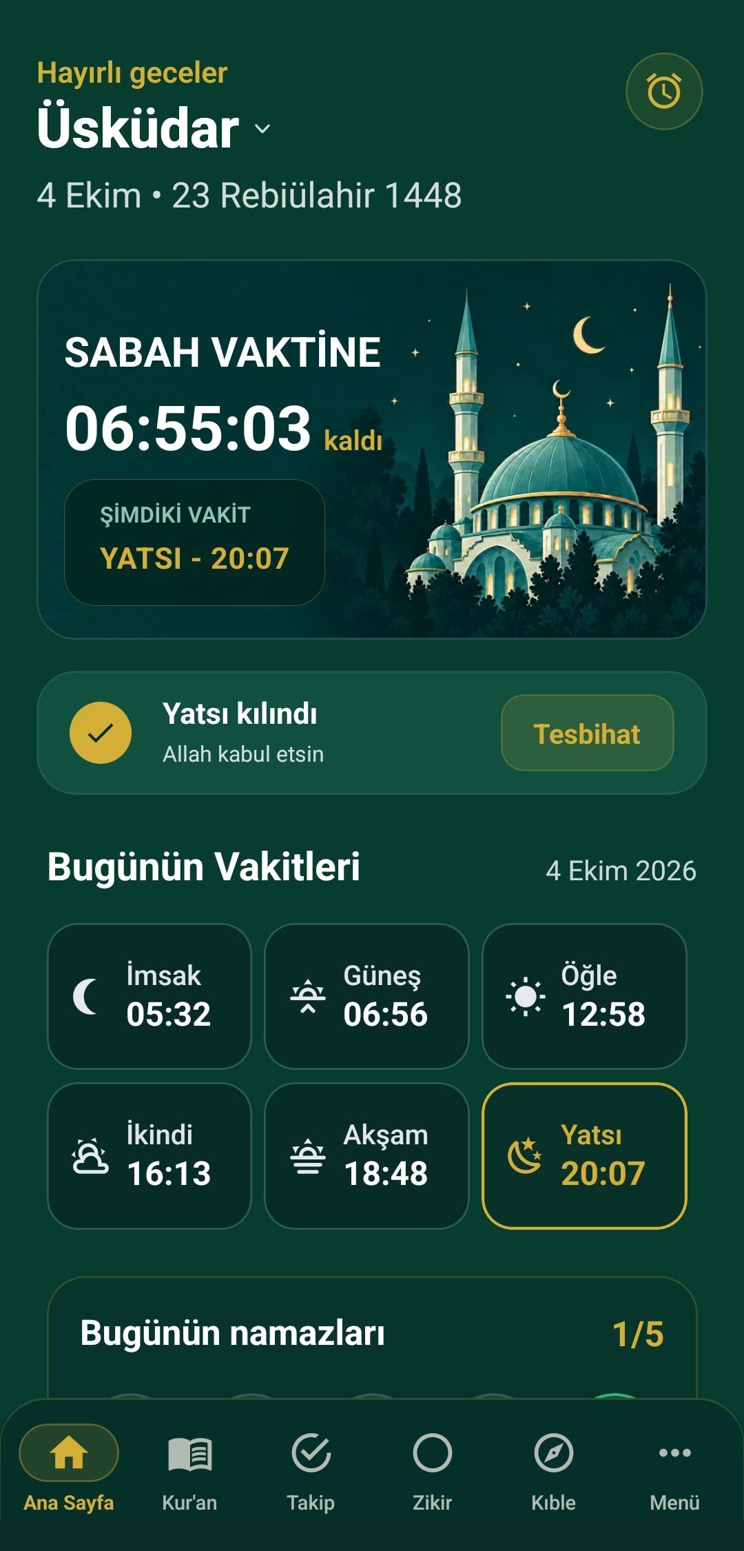 Felah ana ekranı: Üsküdar için sabah vaktine kalan süre ve bugünün namaz vakitleri