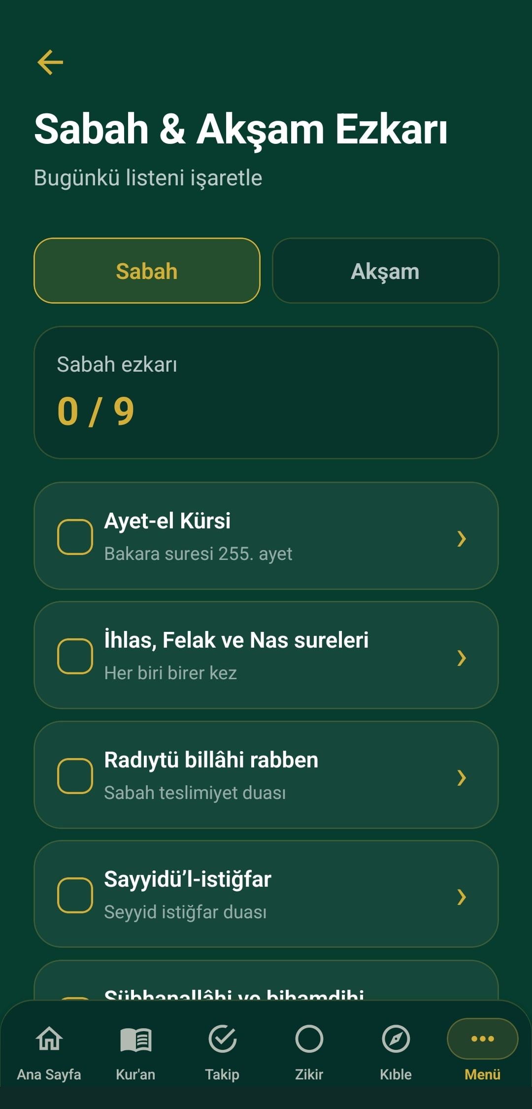 Sabah ezkarı listesi: Ayet-el Kürsi, İhlas, Felak ve Nas sureleri