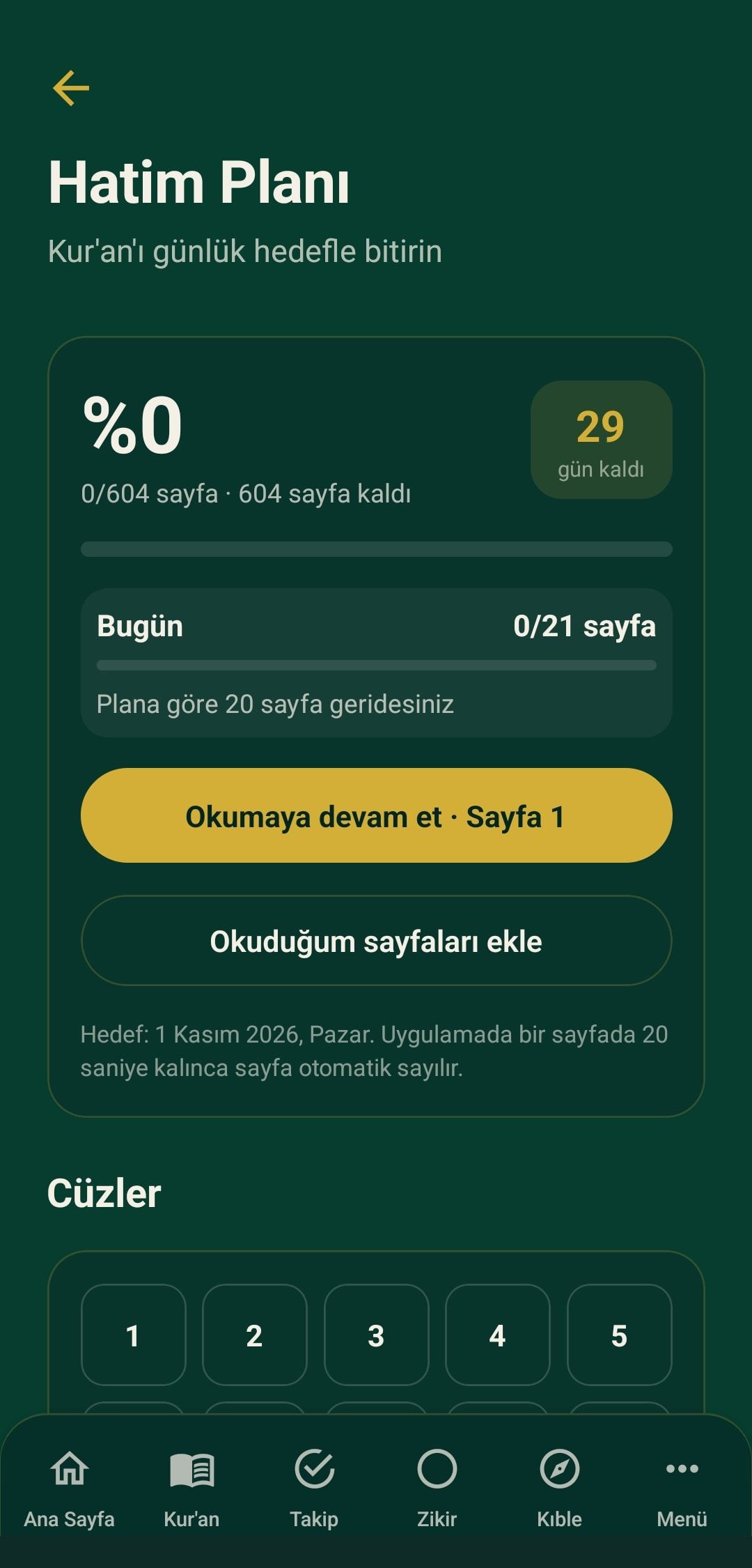 Hatim planı: günlük 21 sayfa hedefi ve cüzler