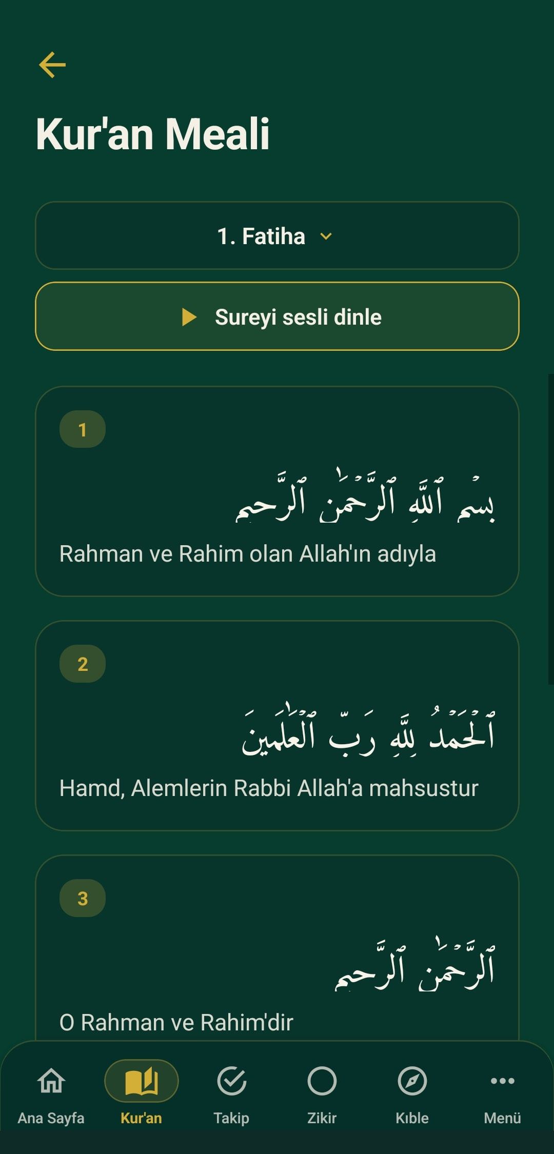 Kur’an meali: Fatiha suresi, Arapça metin ve Türkçe meal
