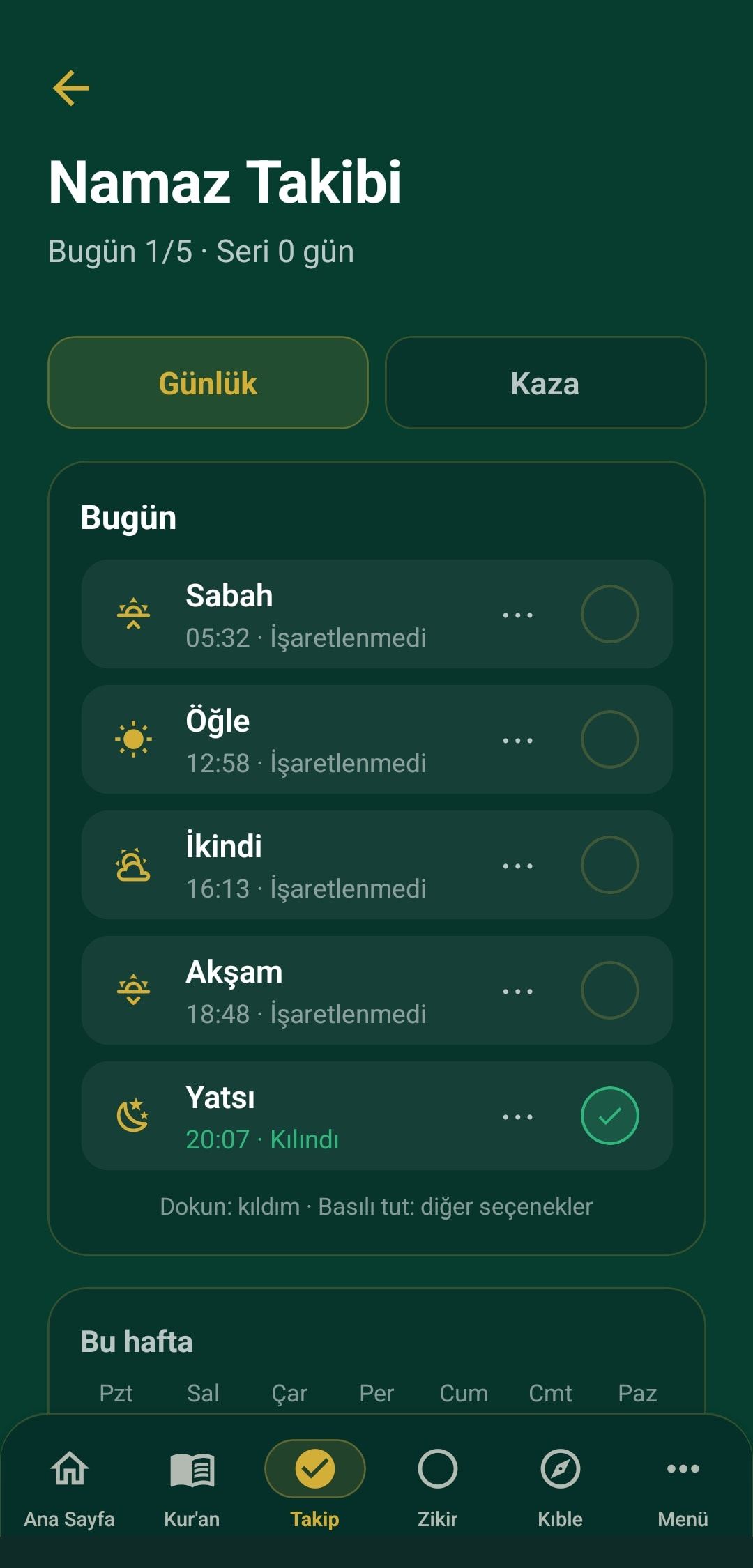 Namaz Takibi ekranı: bugün 1/5, yatsı namazı kılındı olarak işaretli