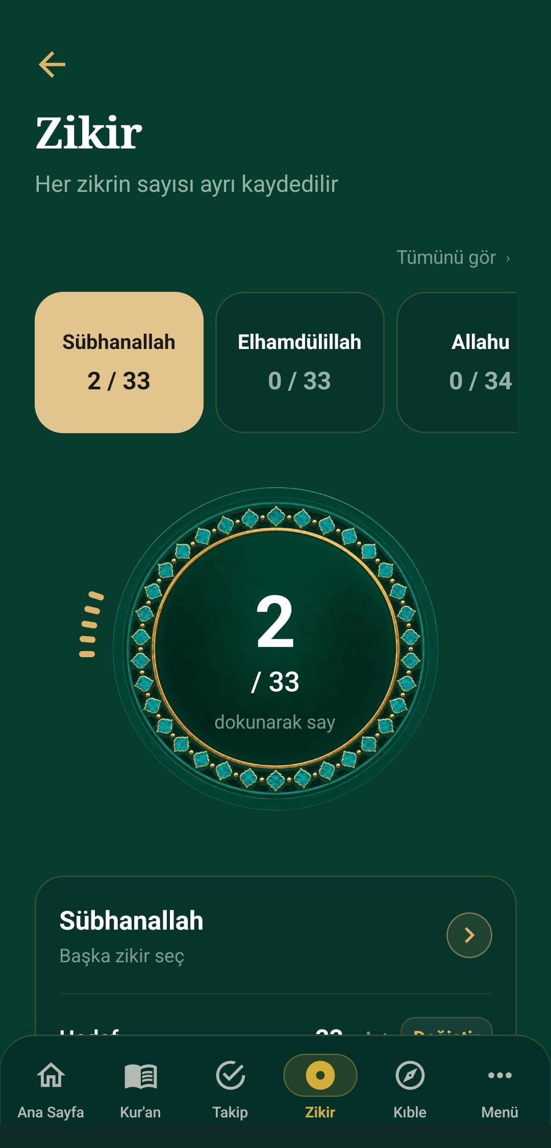 Zikirmatik: Sübhanallah 2/33, dokunarak sayma